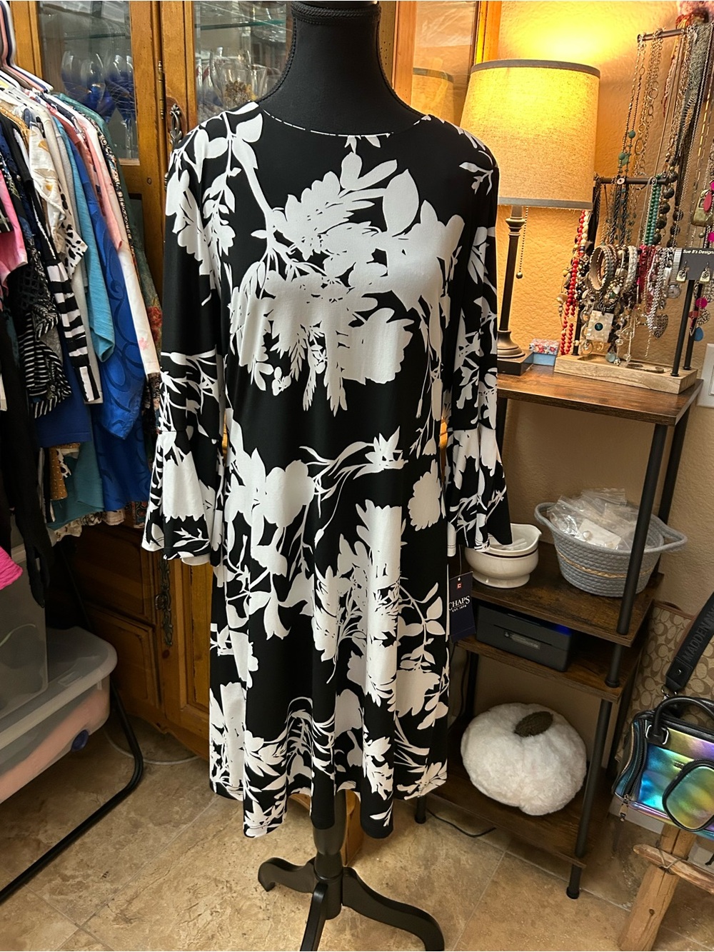 NWT Chaps Black White Floral Fit & Flare Dress Size 12